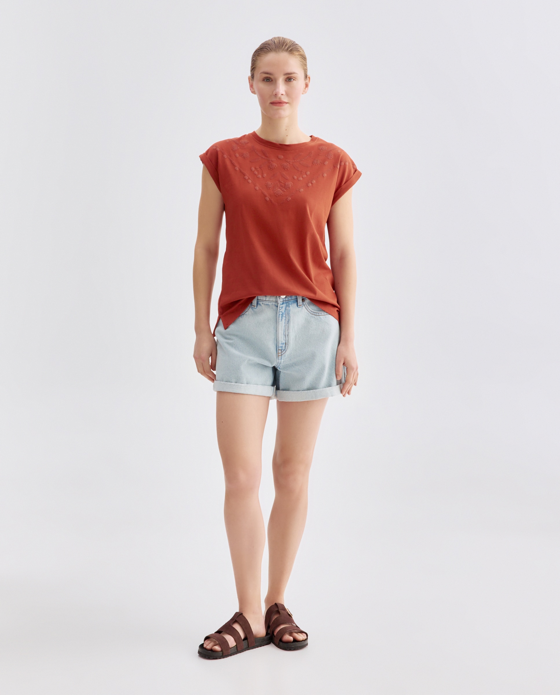 Camiseta de mujer cuello caja puff print Naranja quemado-2