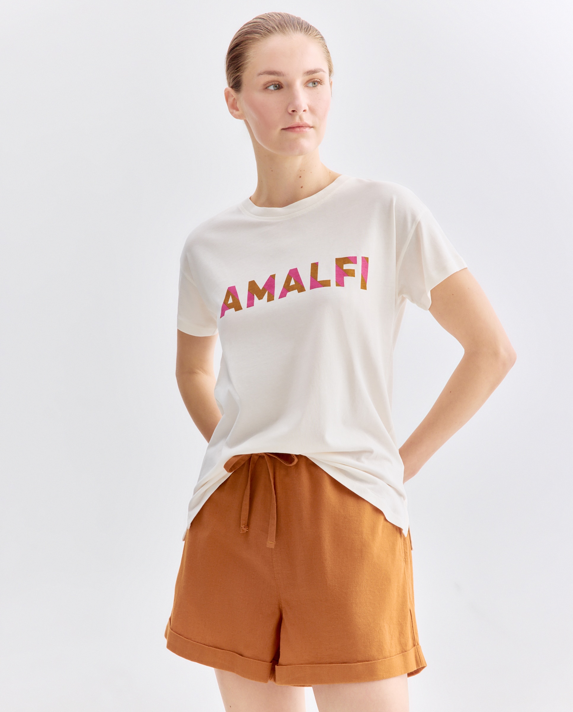 Camiseta estampada de mujer cuello caja Blanco-1