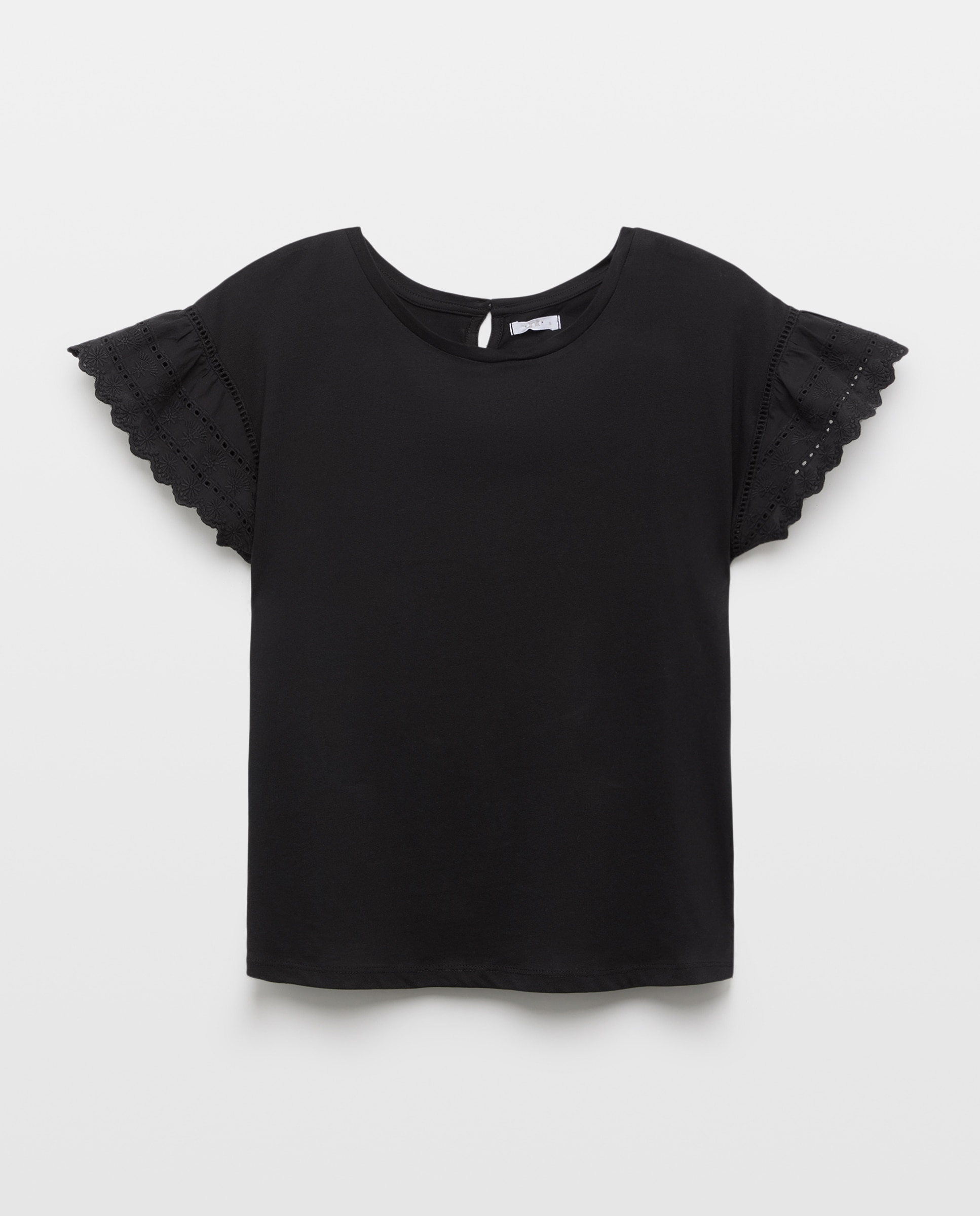 Camiseta de mujer cuello caja manga romántica Negro-4
