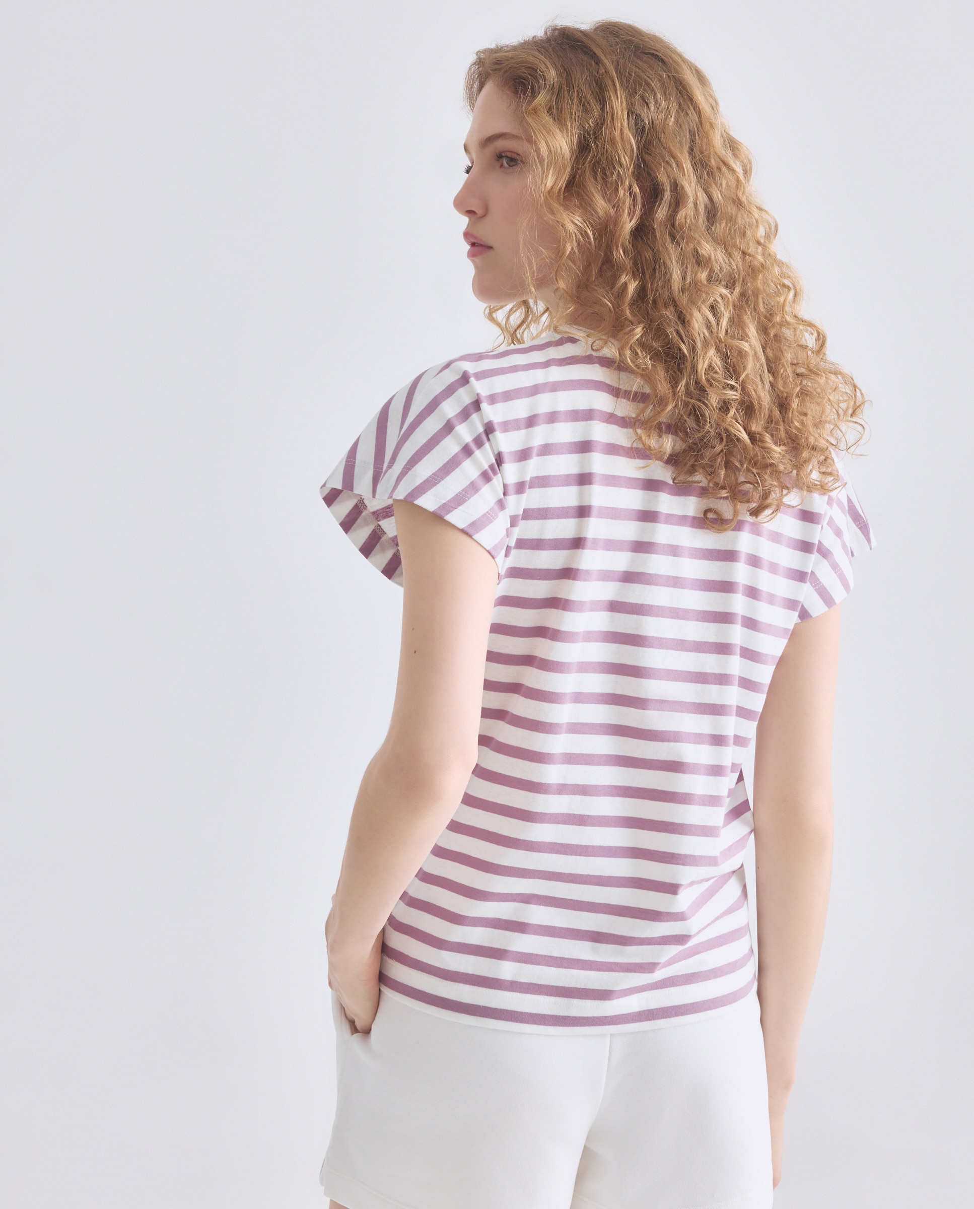 Camiseta básica de mujer cuello caja rayas Morado-3