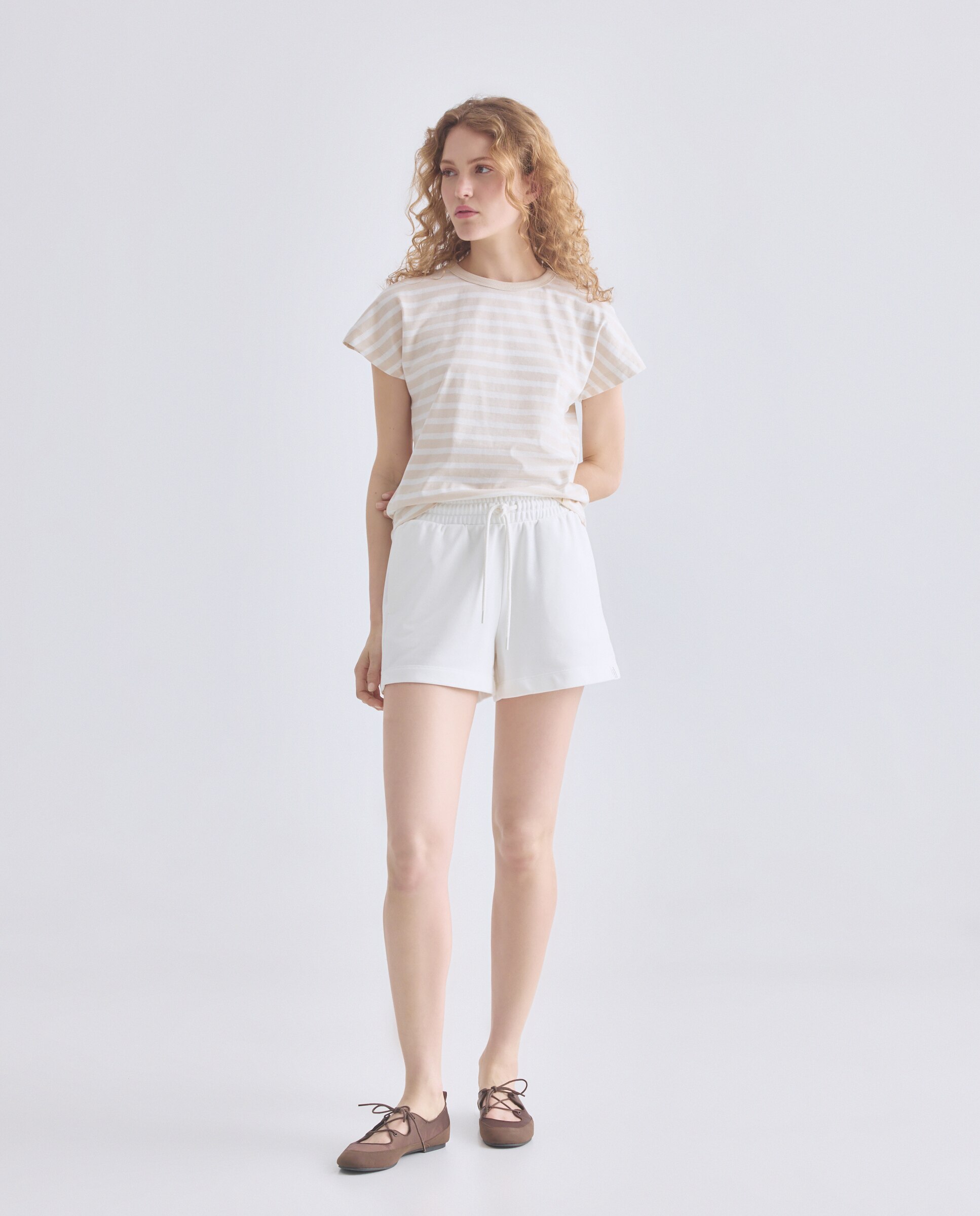 Camiseta básica de mujer cuello caja rayas Blanco-2