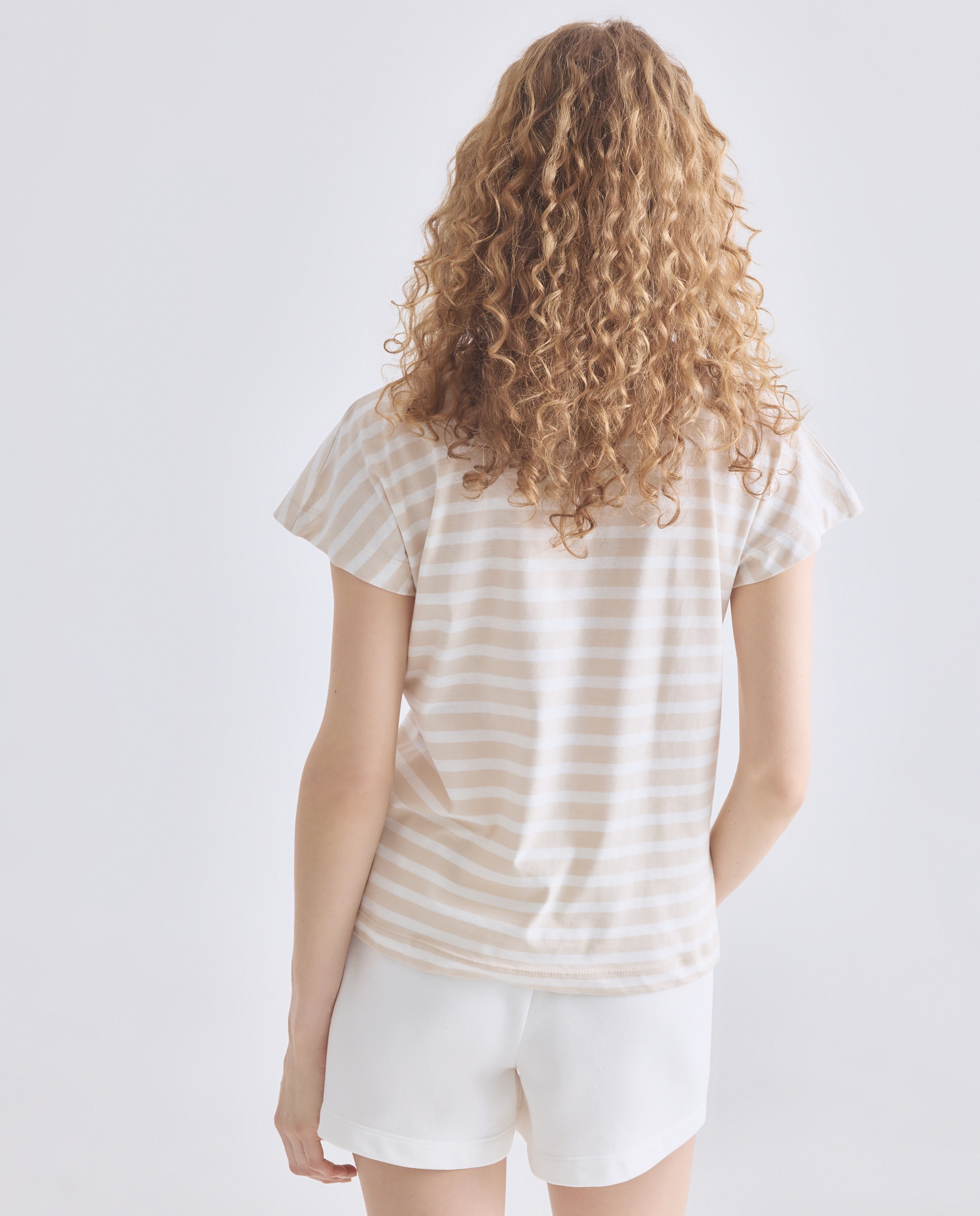 Camiseta básica de mujer cuello caja rayas Blanco-3