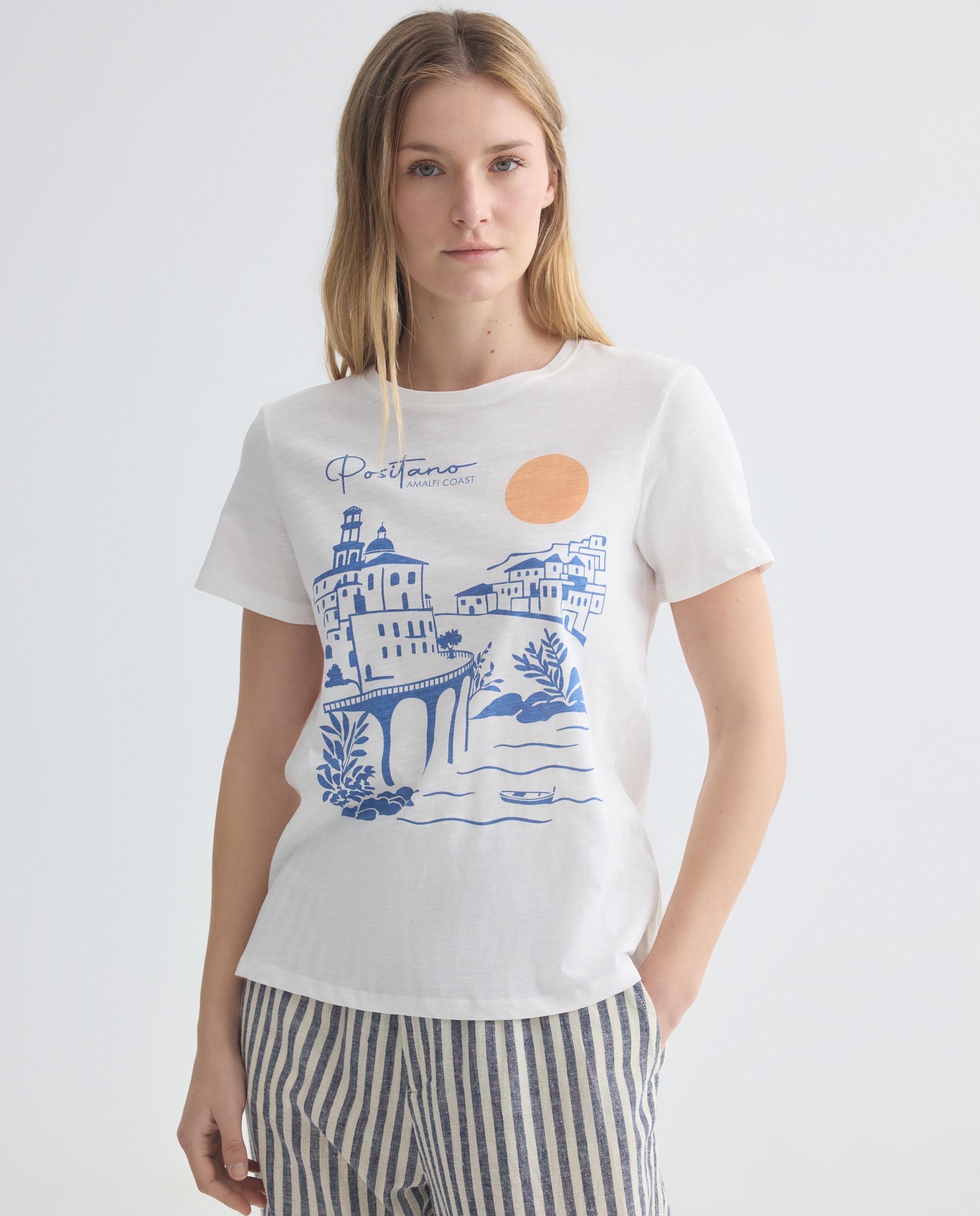 Camiseta estampada de mujer cuello caja Azul-1