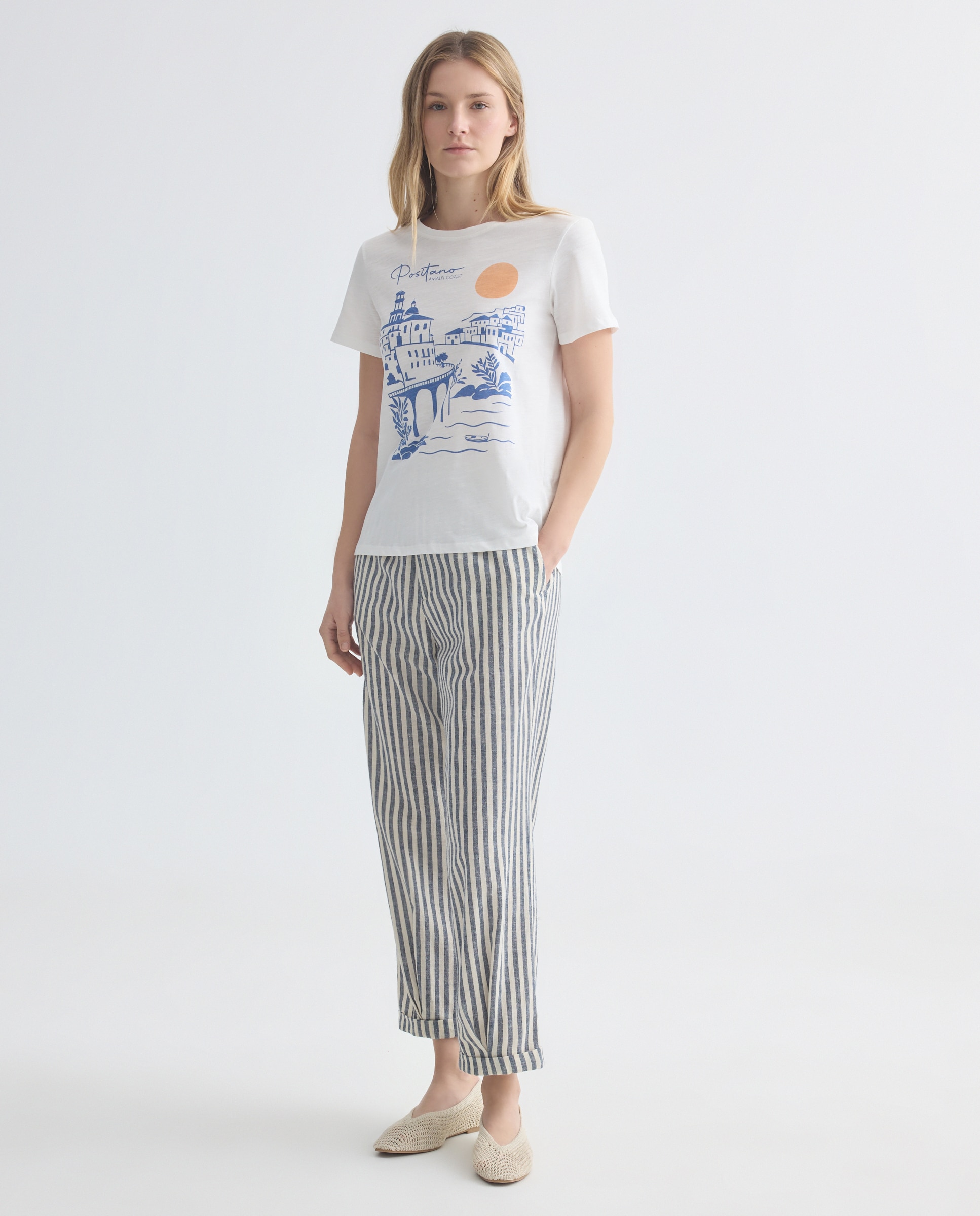 Camiseta estampada de mujer cuello caja Azul-2