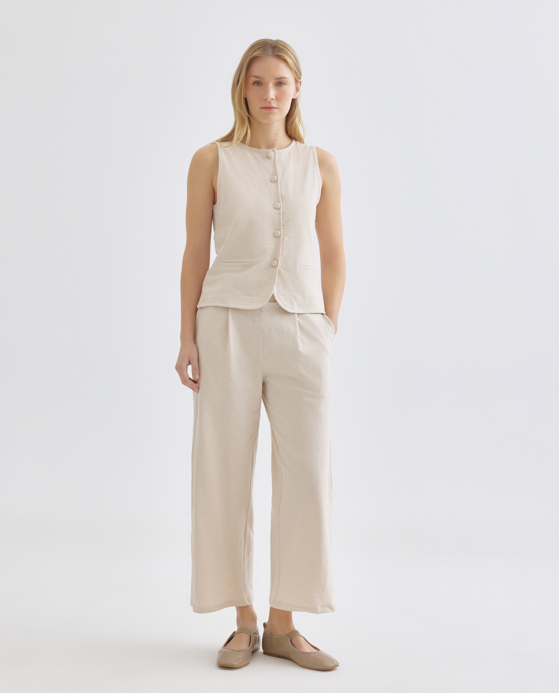Chaleco de mujer de algodón cuello caja abotonado Beige-2