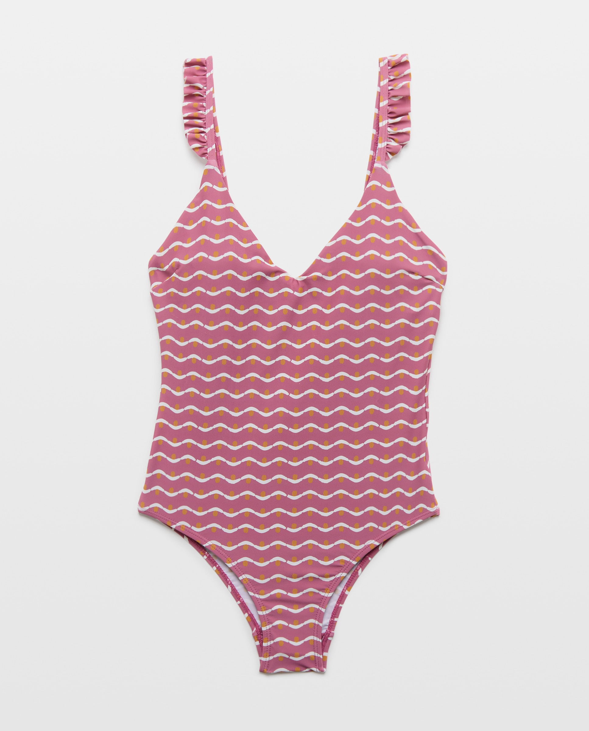 Bañador mujer escote pico minivolante manga 450 Turquesa-5