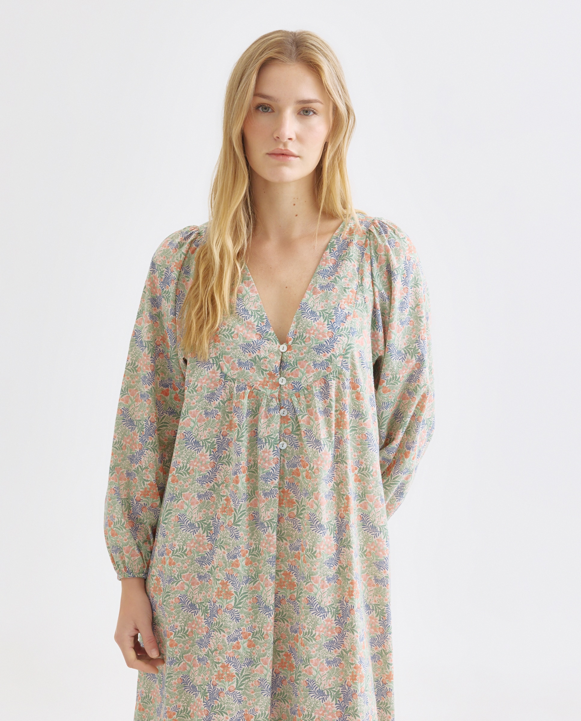 Caftán mujer largo algodón estampado Verde-2