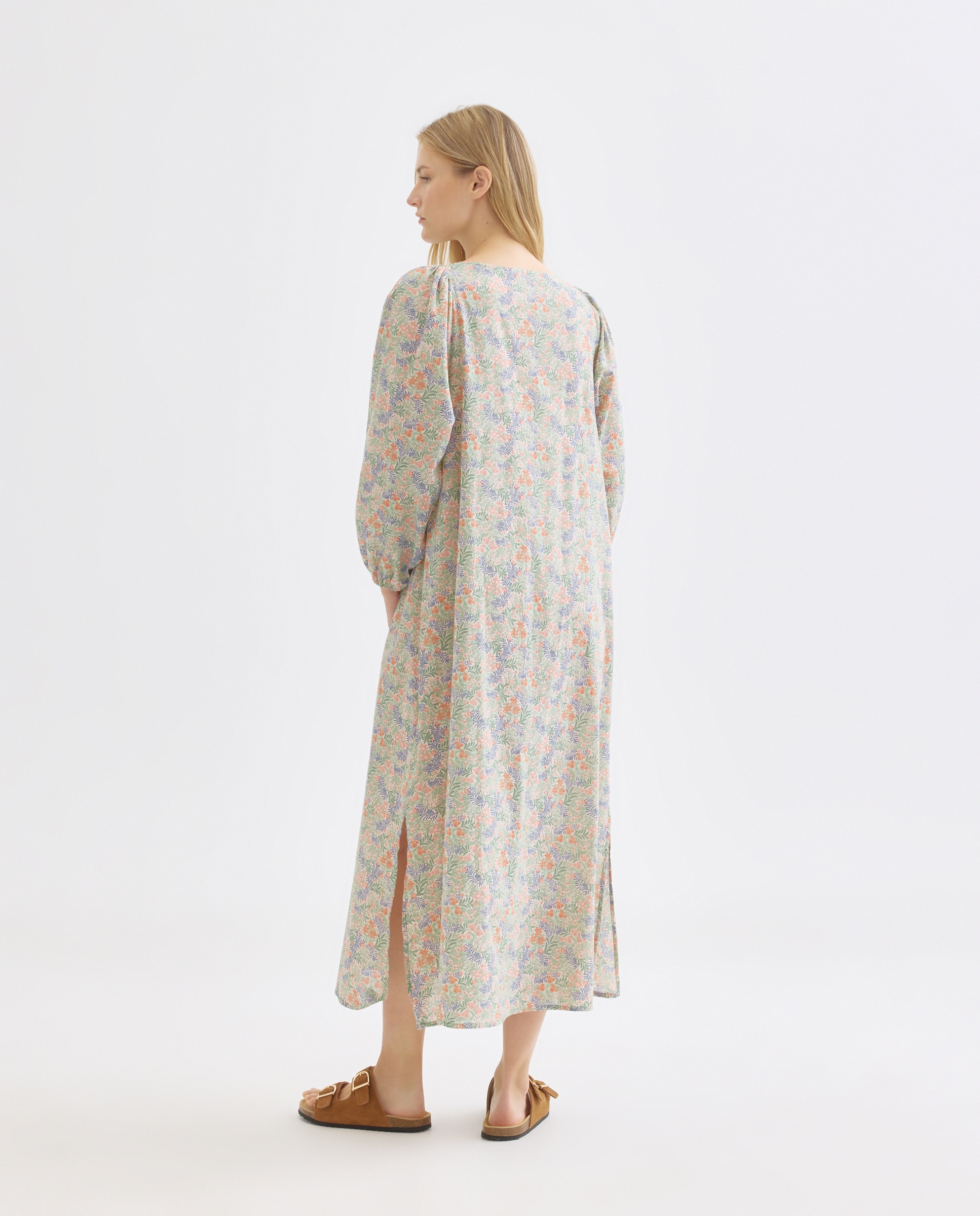 Caftán mujer largo algodón estampado Verde-3