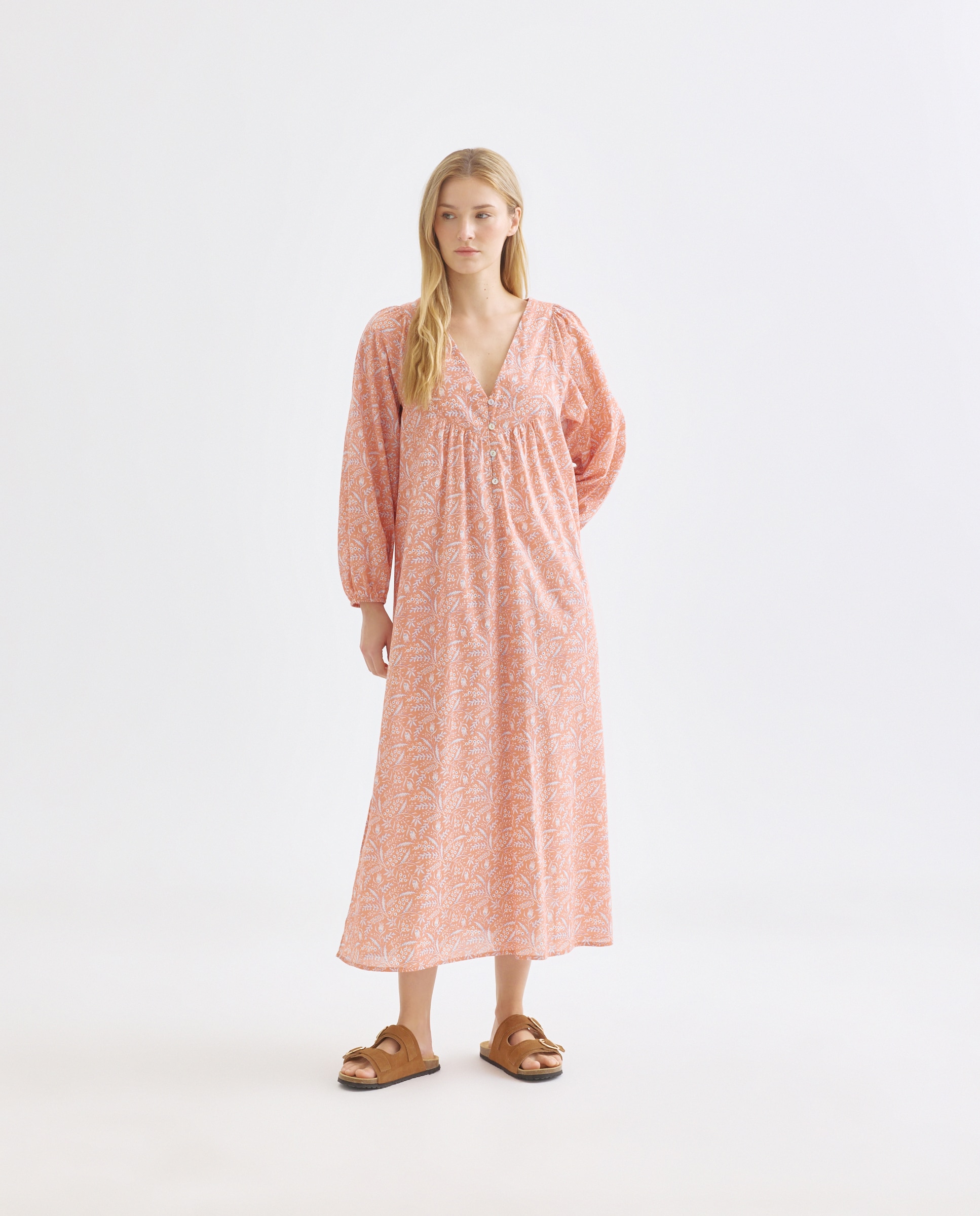 Caftán mujer largo algodón estampado Naranja quemado-1