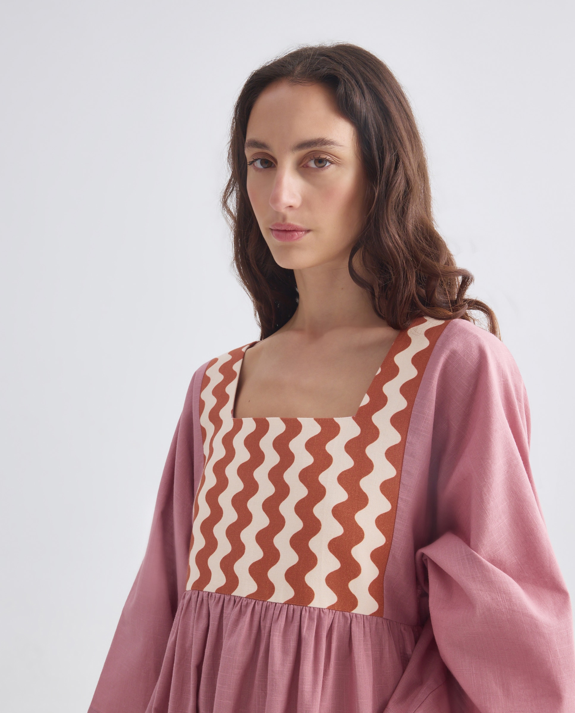 Caftán mujer largo algodón pechera 220 Rosa palo-3