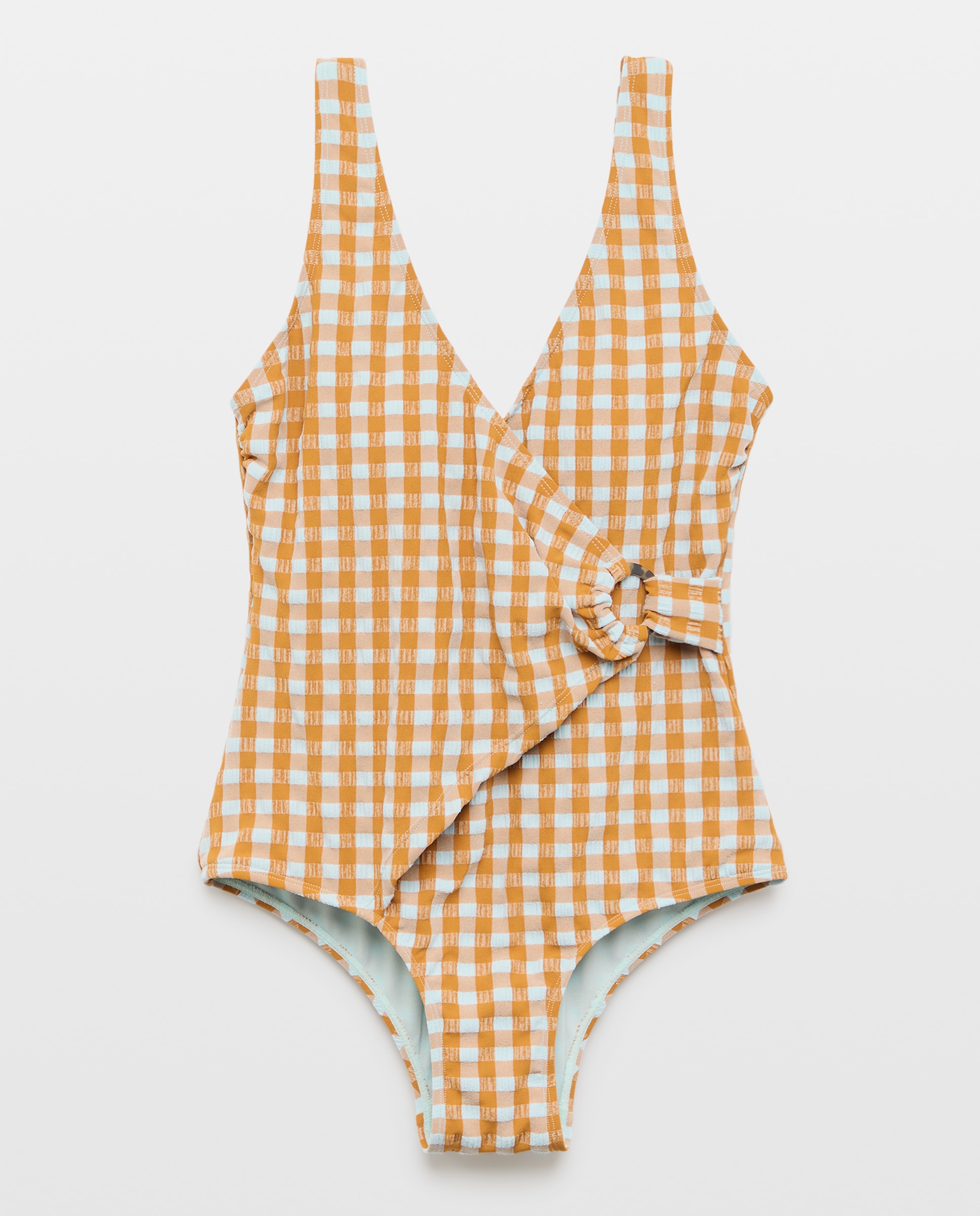 Bañador de mujer cruzado anilla seersucker 450 Turquesa-4