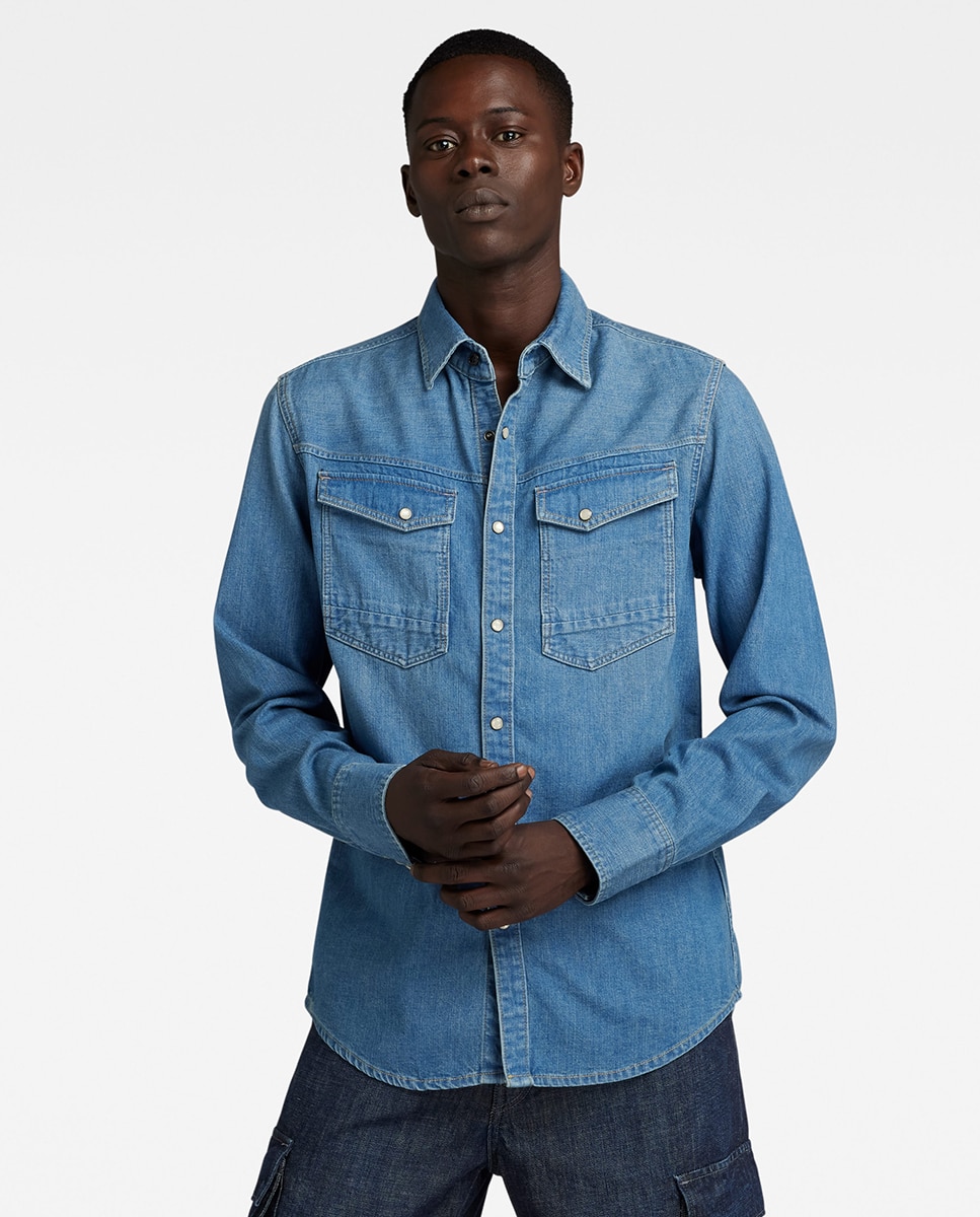 Camisa Slim de Corte Justo e em Ganga Azul-1