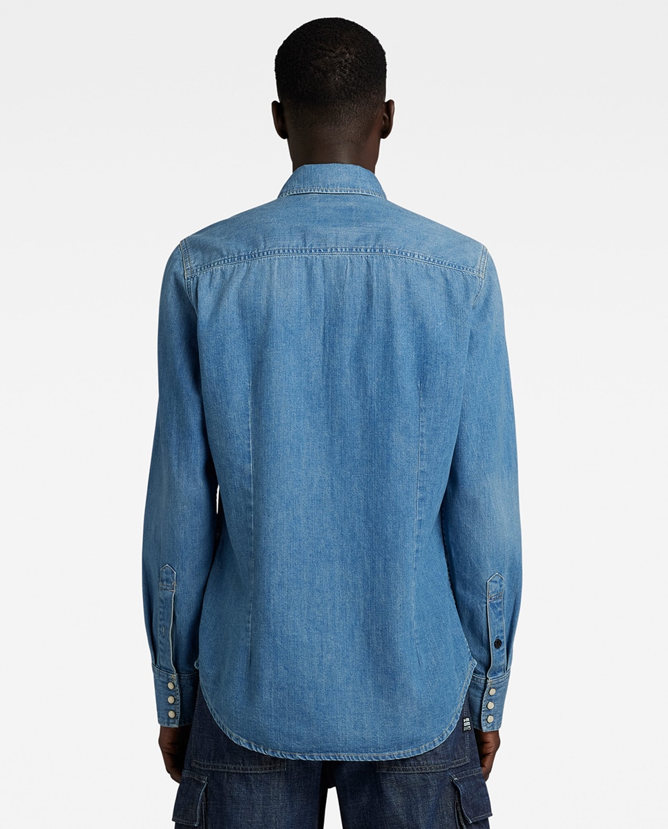 Camisa Slim de Corte Justo e em Ganga Azul-2