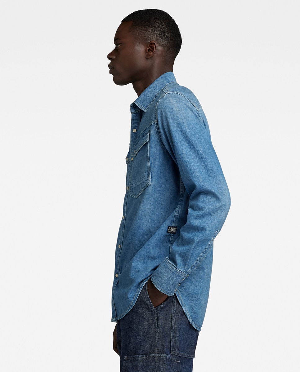 Camisa Slim de Corte Justo e em Ganga Azul-4