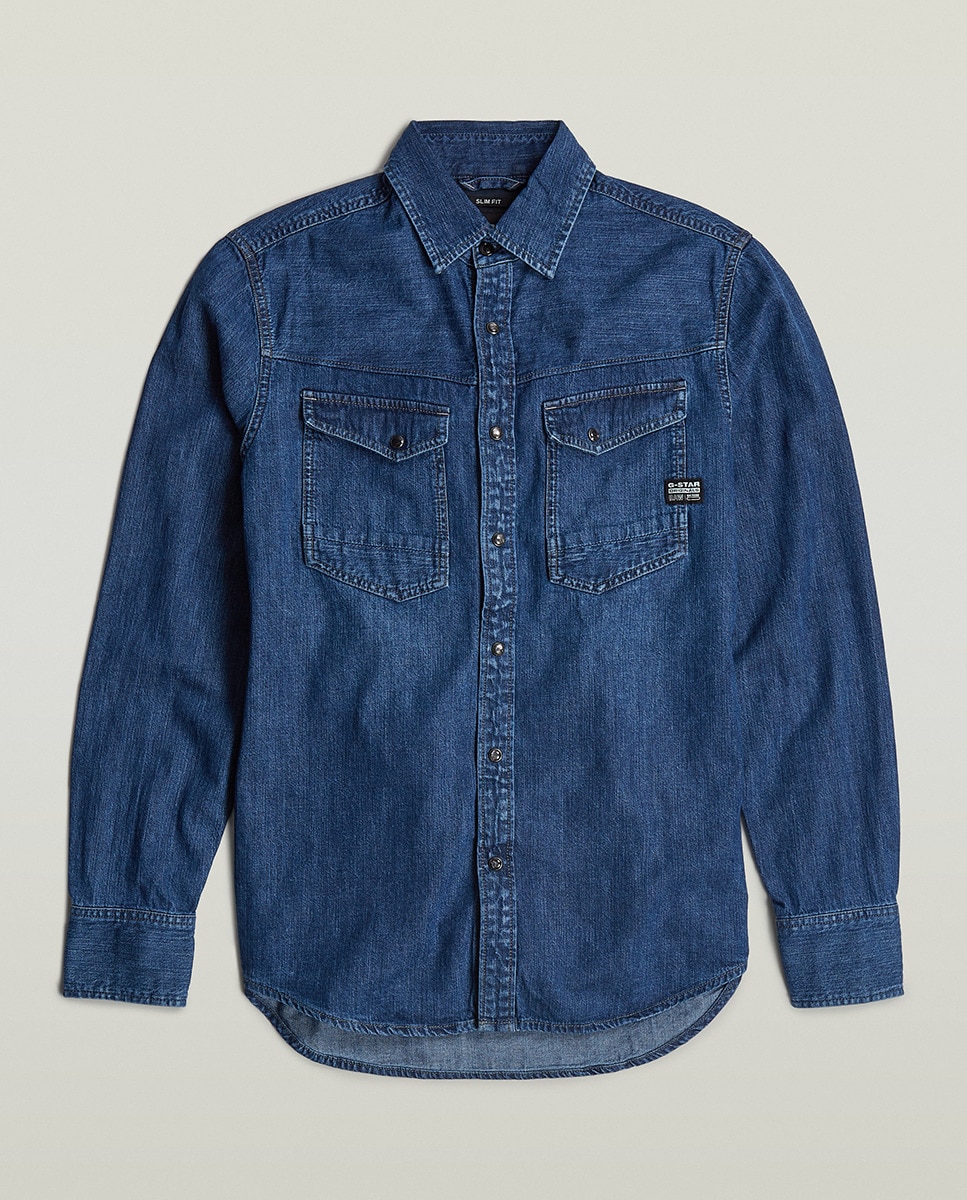 Camisa Slim de Corte Justo e em Ganga Azul-6