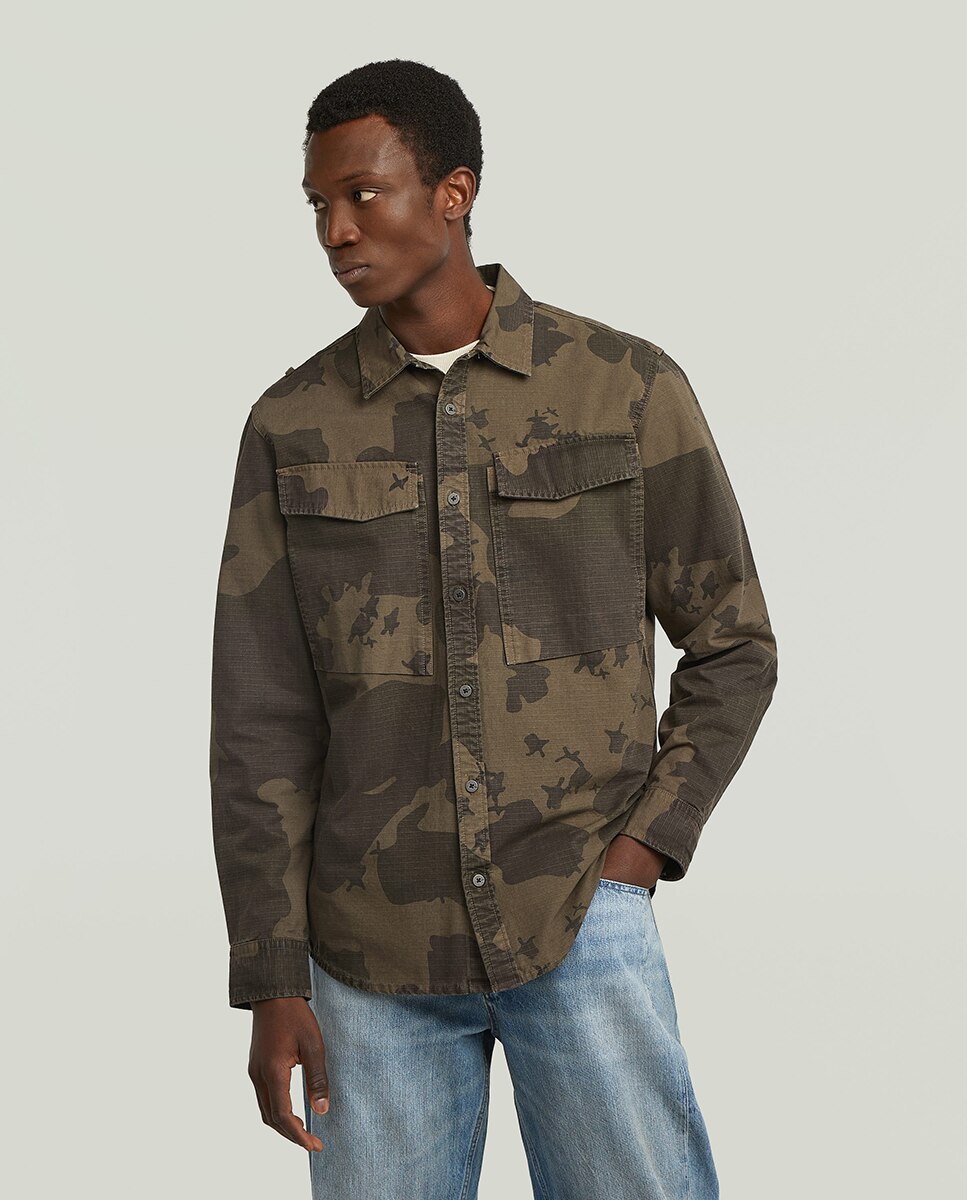 Camisa Regular de Estilo Camuflagem com Manga Comprida Caqui-1