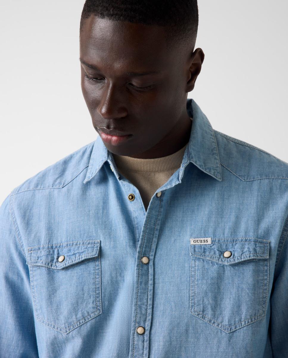 Camisa de ganga de homem Azul-claro-3