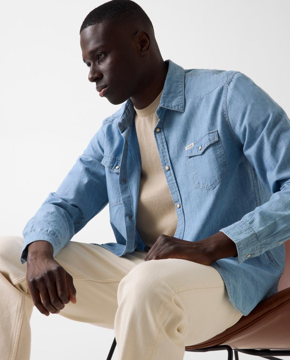 Camisa de ganga de homem Azul-claro-4