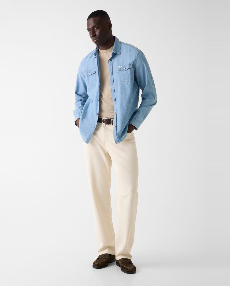 Camisa de ganga de homem Azul-claro-6