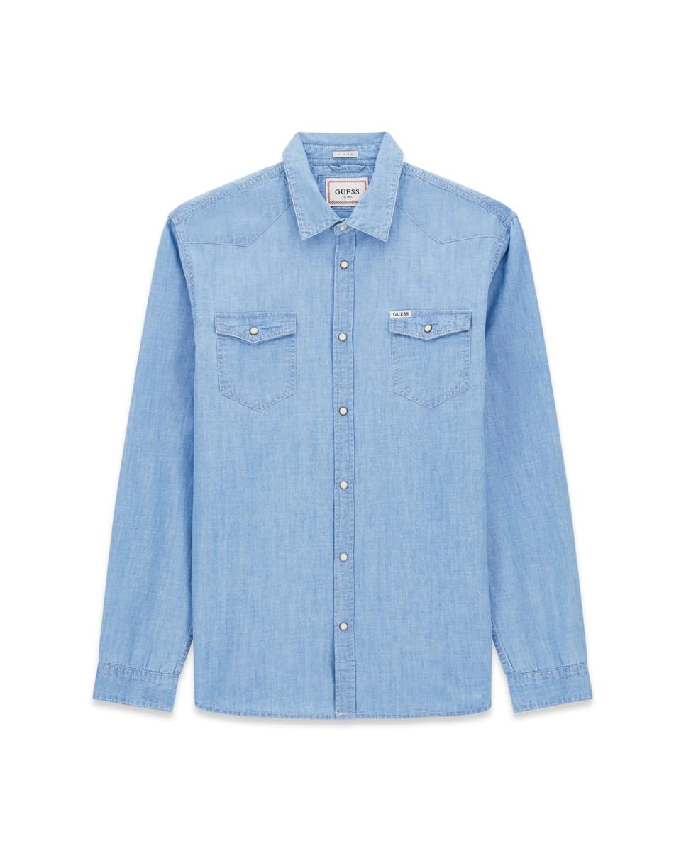 Camisa de ganga de homem Azul-claro-5