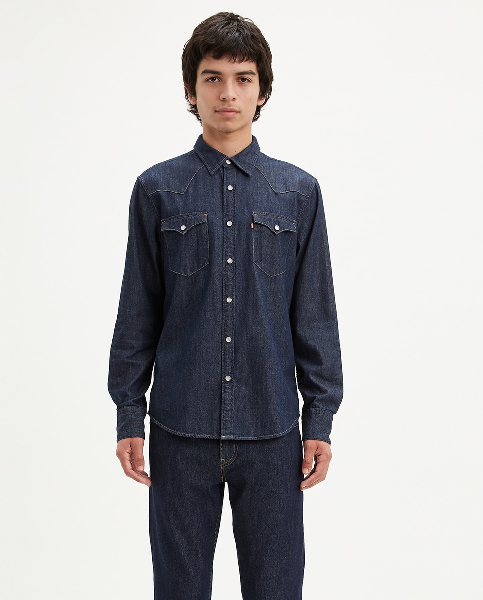 Camisa de ganga de homem regular lisa azul Azul-1