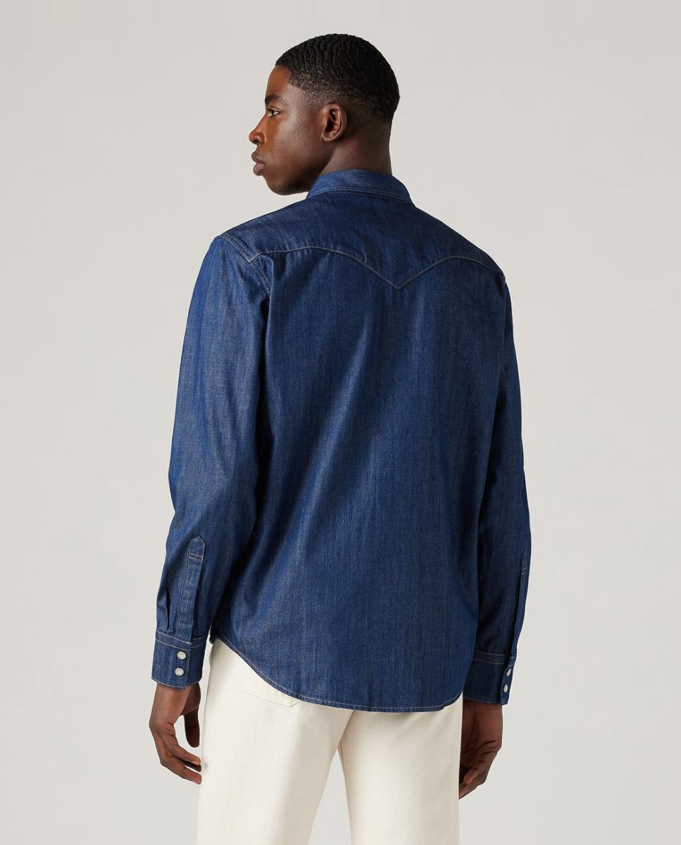Camisa de ganga de homem regular lisa azul Azul-2