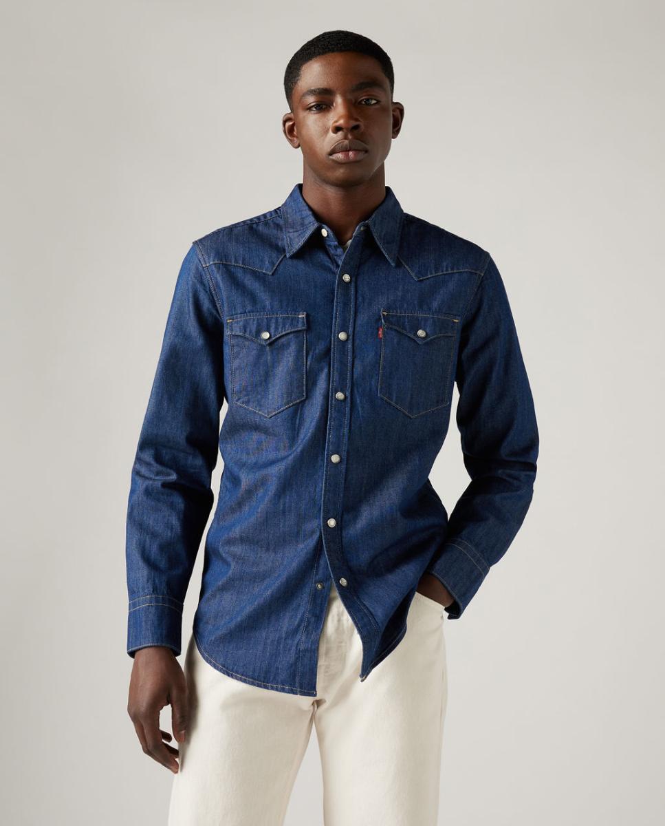 Camisa de ganga de homem regular lisa azul Azul-3