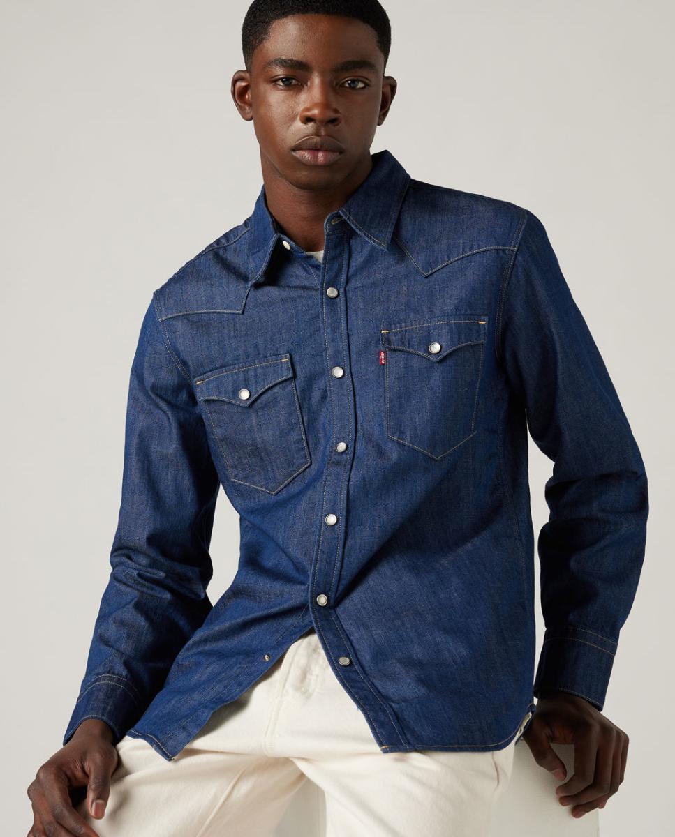 Camisa de ganga de homem regular lisa azul Azul-4