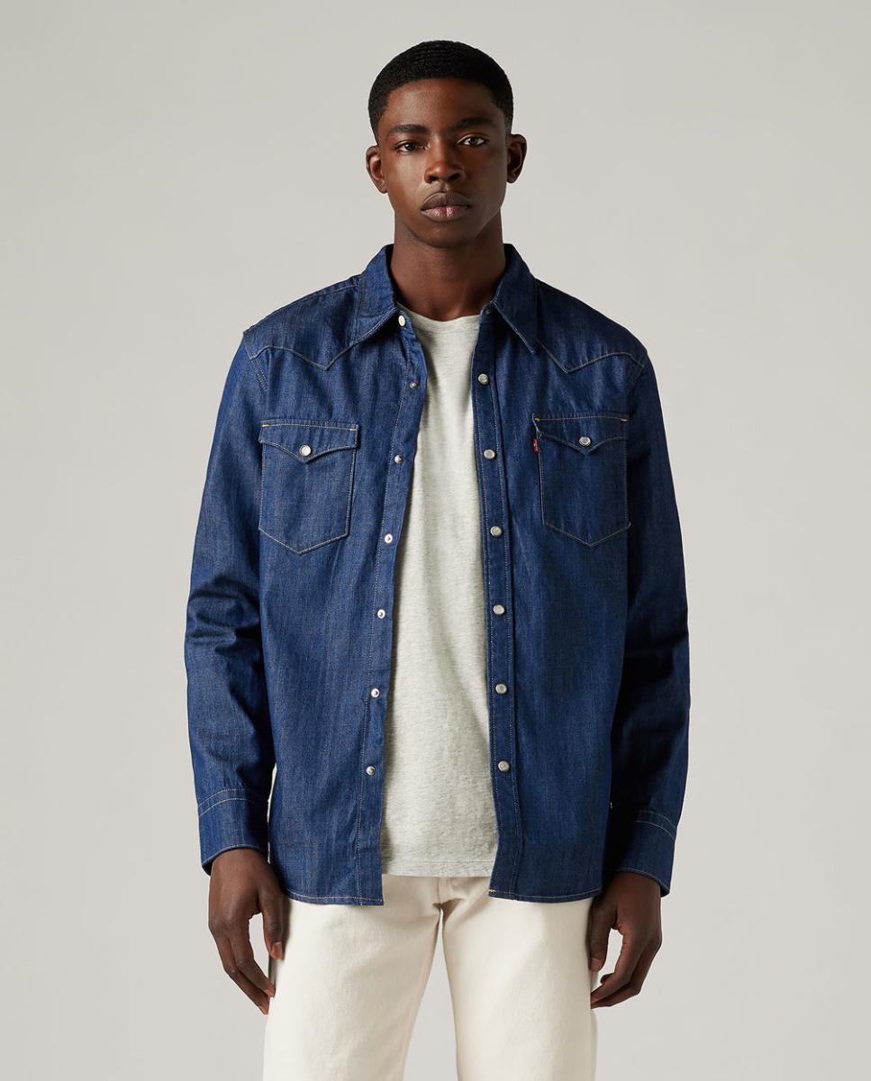 Camisa de ganga de homem regular lisa azul Azul-5