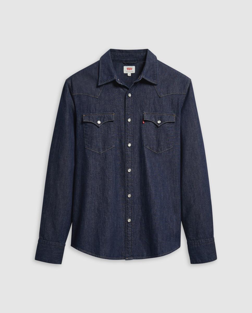 Camisa de ganga de homem regular lisa azul Azul-6