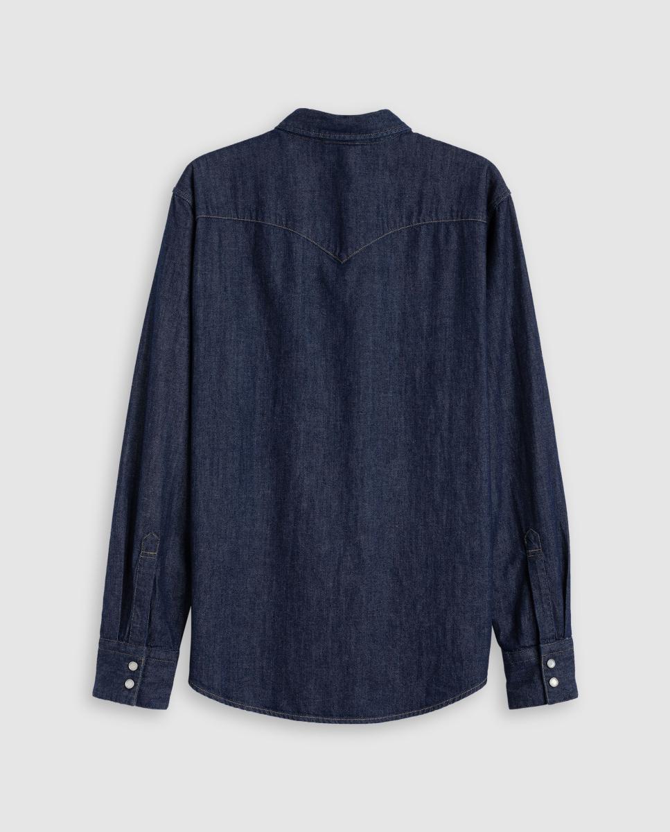 Camisa de ganga de homem regular lisa azul Azul-7