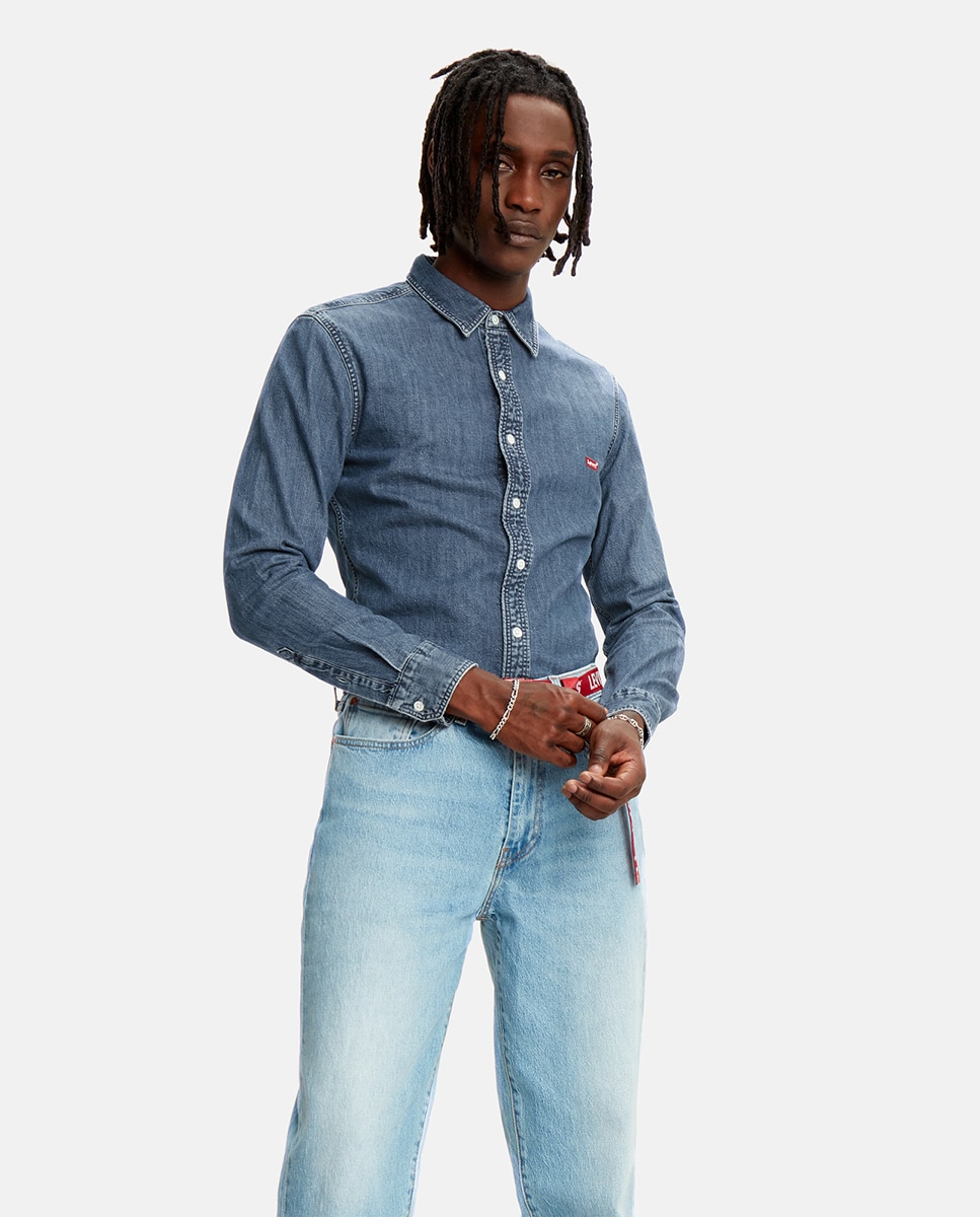 Camisa Slim Fit com Manga Comprida e de Ganga Azul-1