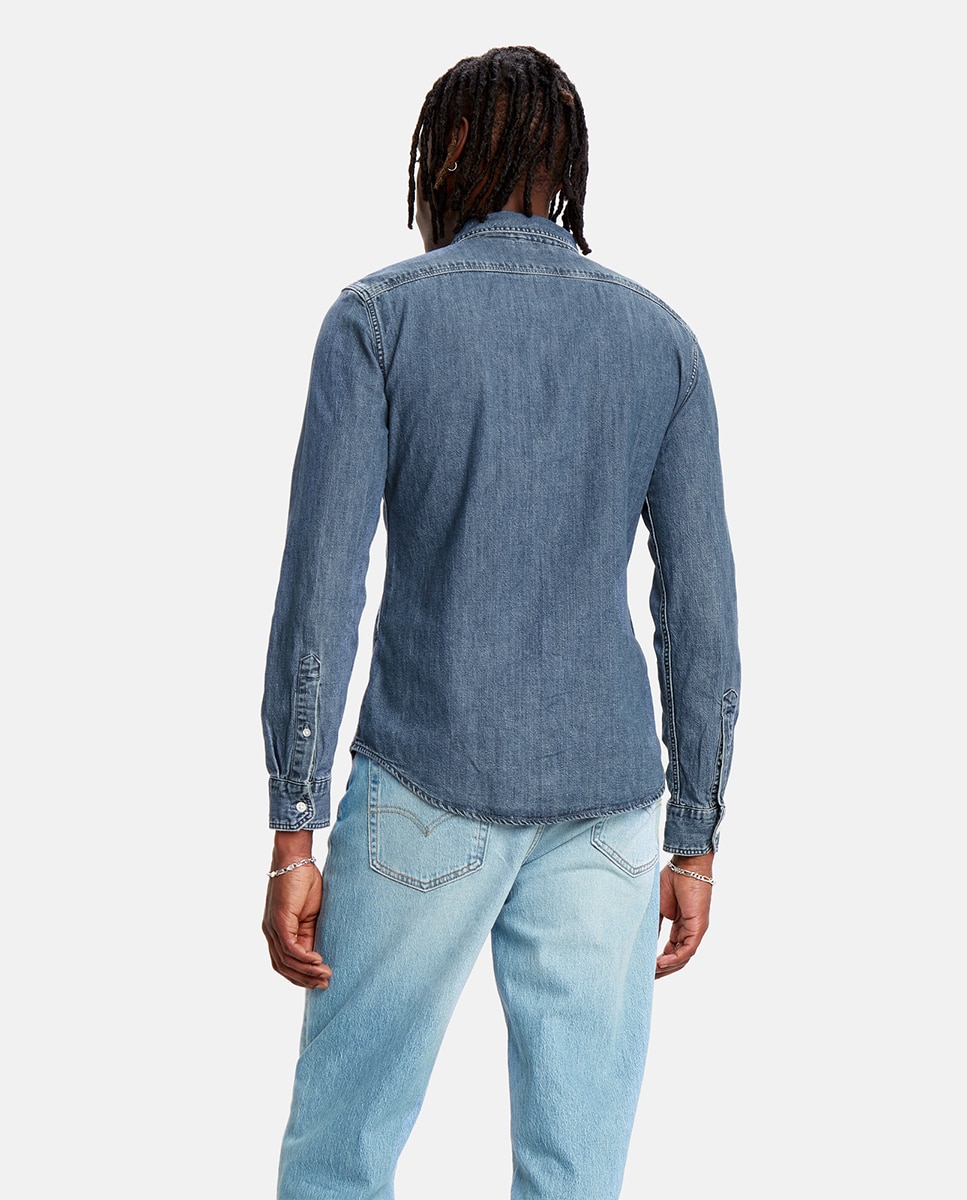 Camisa Slim Fit com Manga Comprida e de Ganga Azul-2