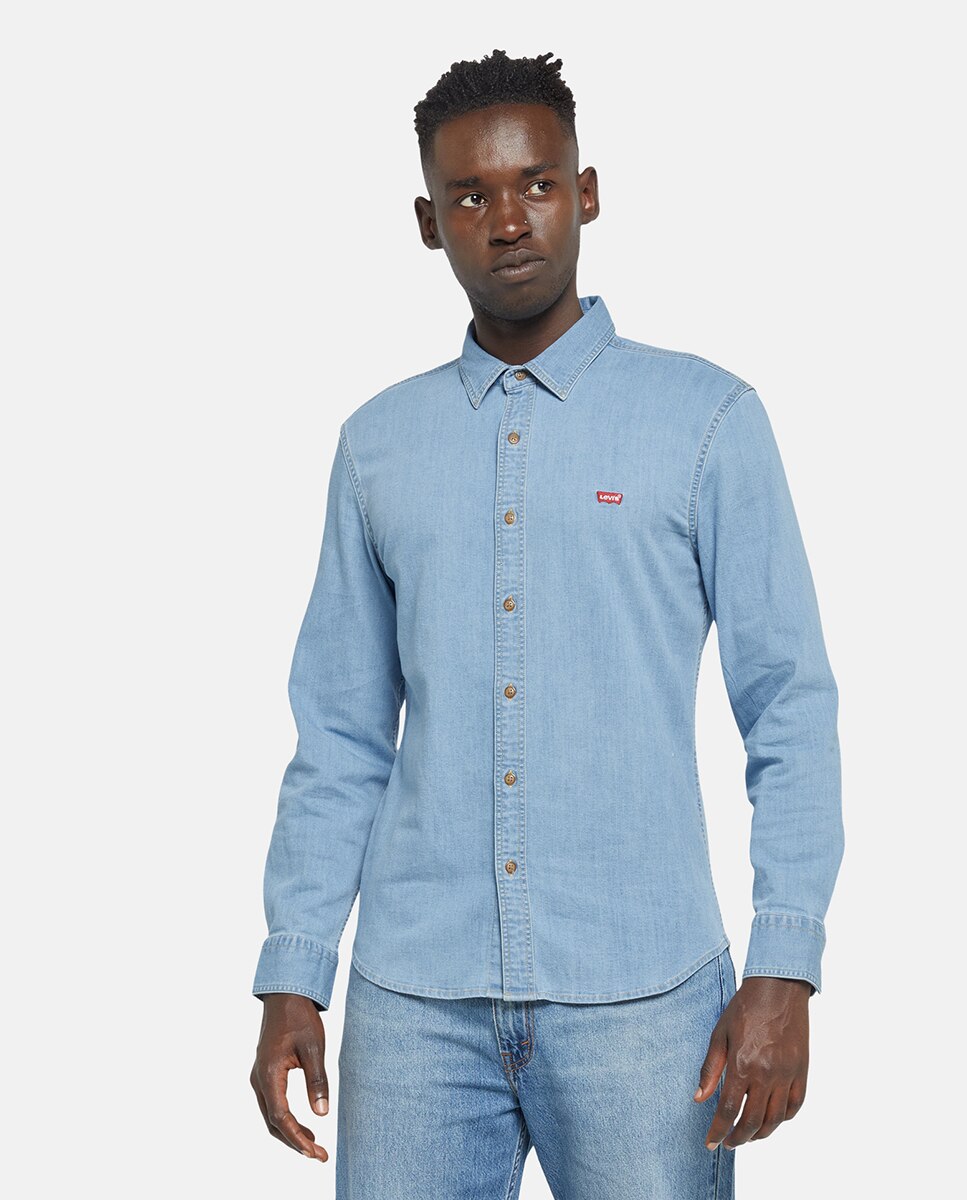 Camisa de Ganga de Algodão Slim Azul-1