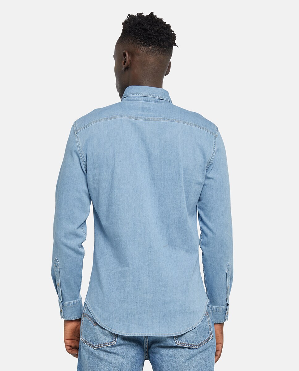 Camisa de Ganga de Algodão Slim Azul-2