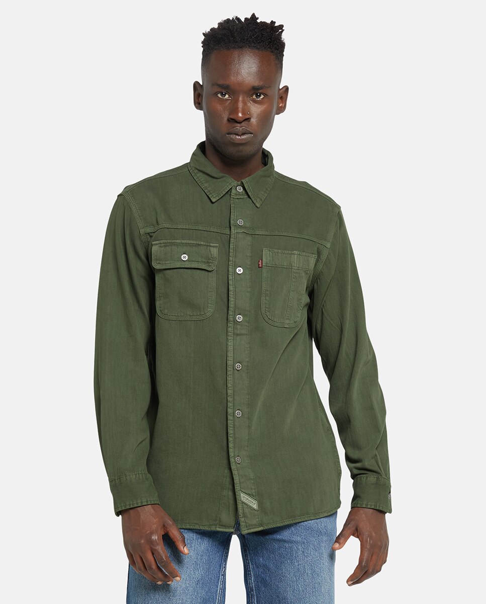 Camisa de Ganga de Algodão Relaxed Verde-escuro-1