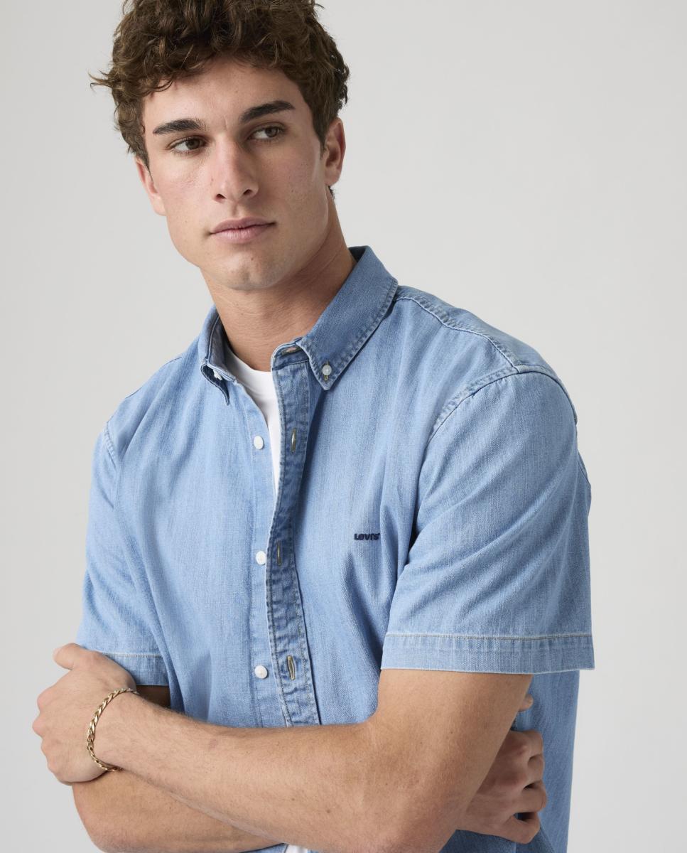 Camisa de Ganga de Algodão Relaxed Azul-3