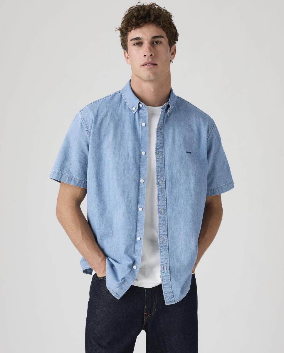 Camisa de Ganga de Algodão Relaxed Azul-4