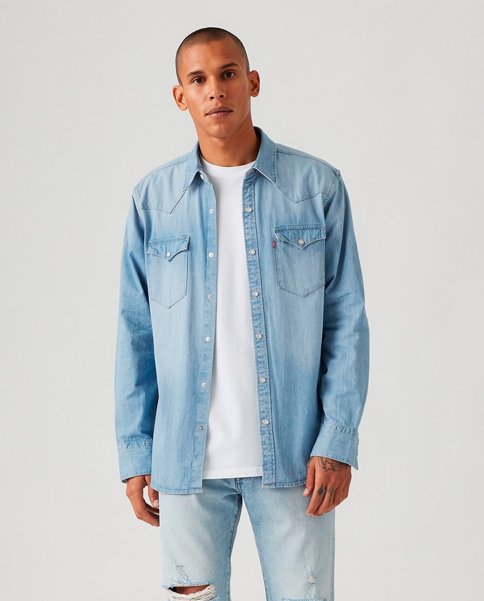 Camisa de ganga com manga comprida Azul-claro-1