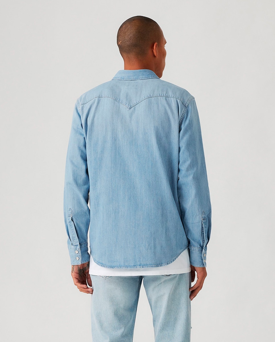 Camisa de ganga com manga comprida Azul-claro-2