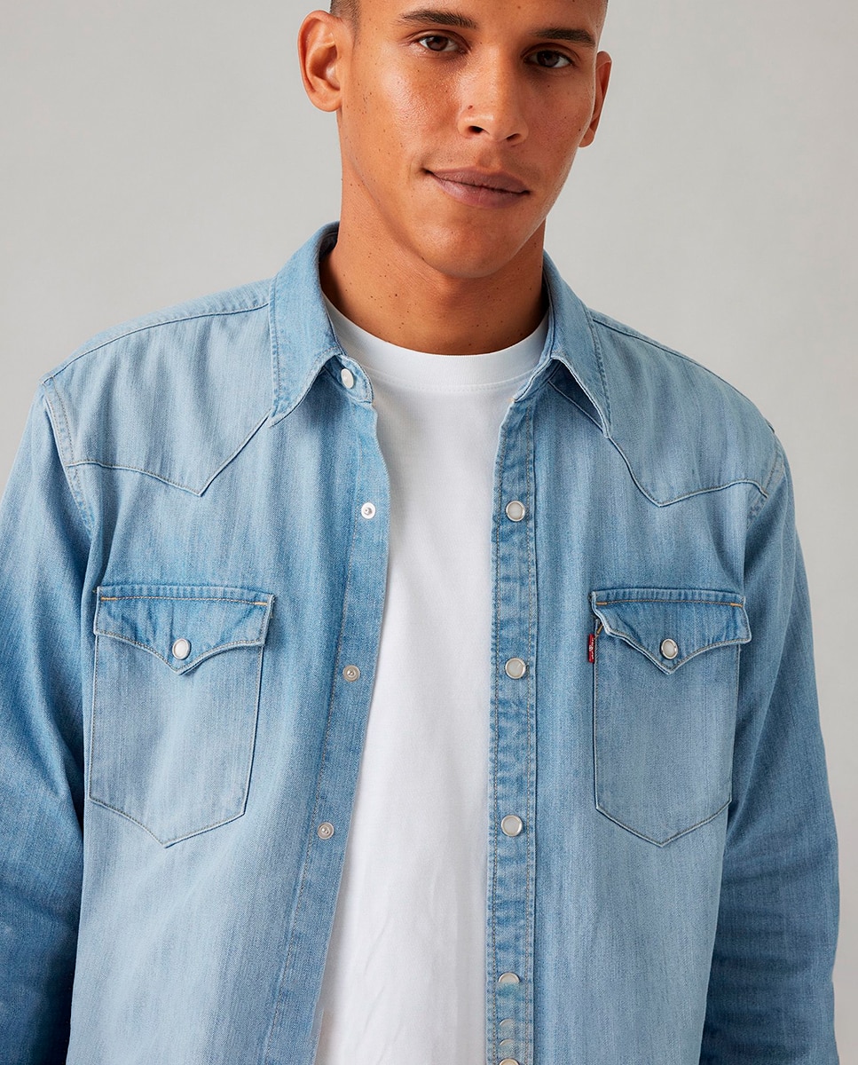 Camisa de ganga com manga comprida Azul-claro-3