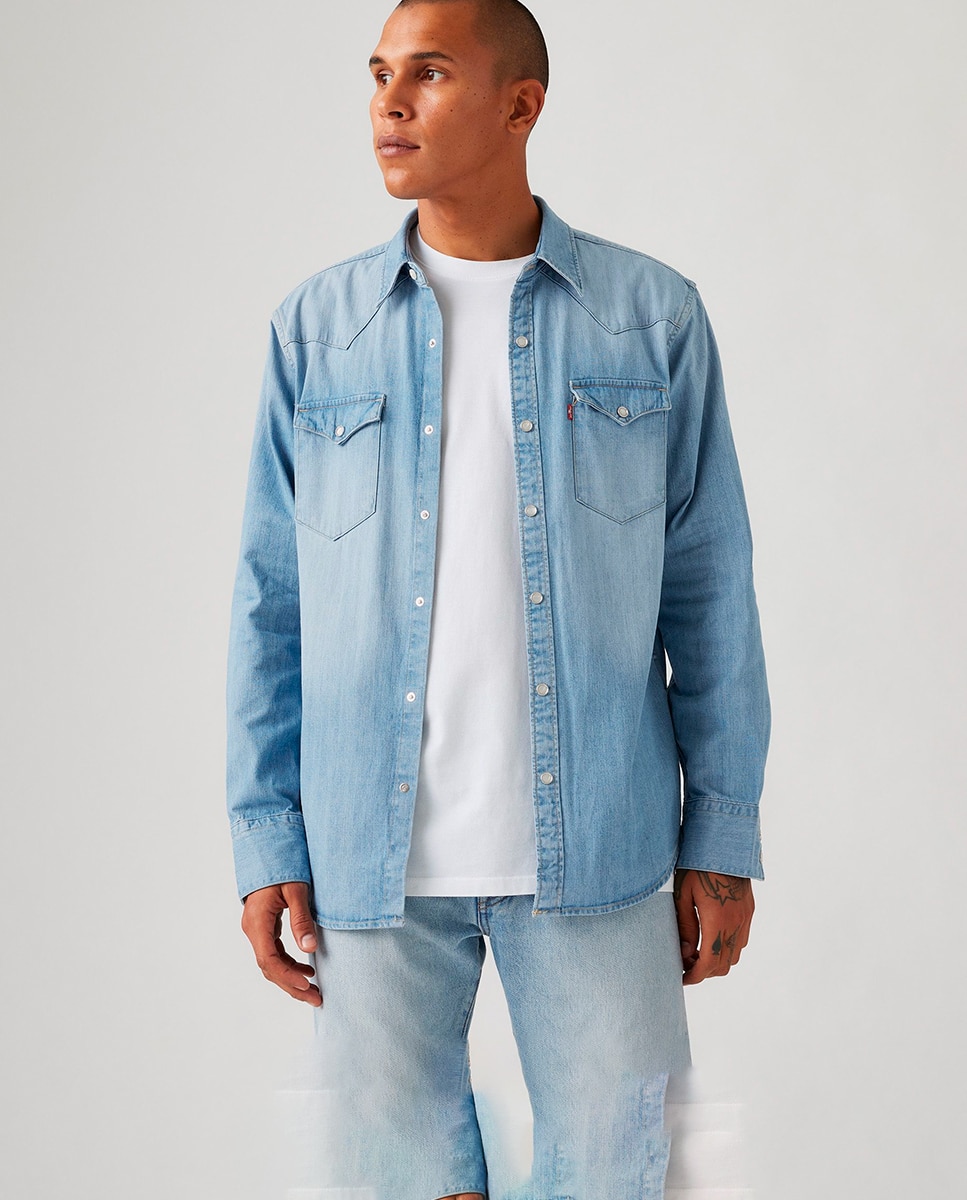Camisa de ganga com manga comprida Azul-claro-4