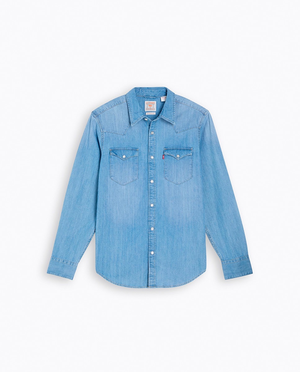 Camisa de ganga com manga comprida Azul-claro-5