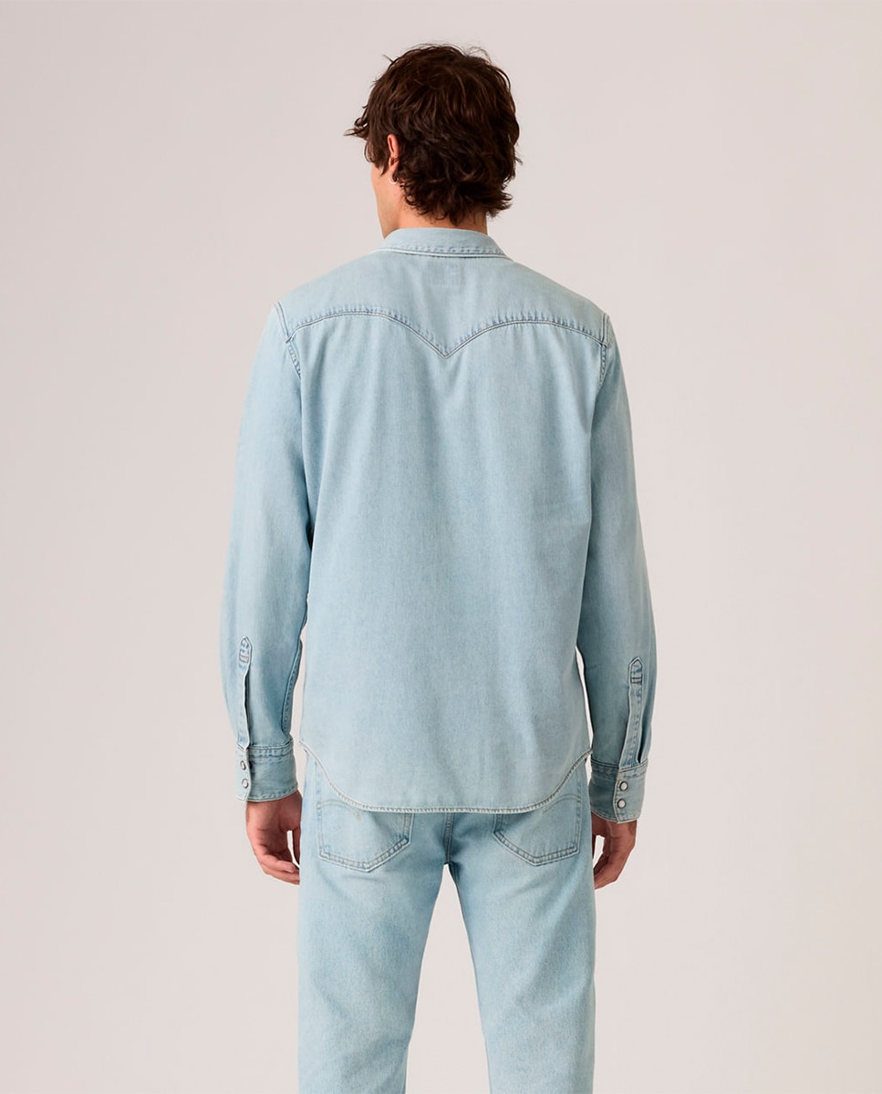 Camisa de Manga Comprida em Ganga Azul-claro-2