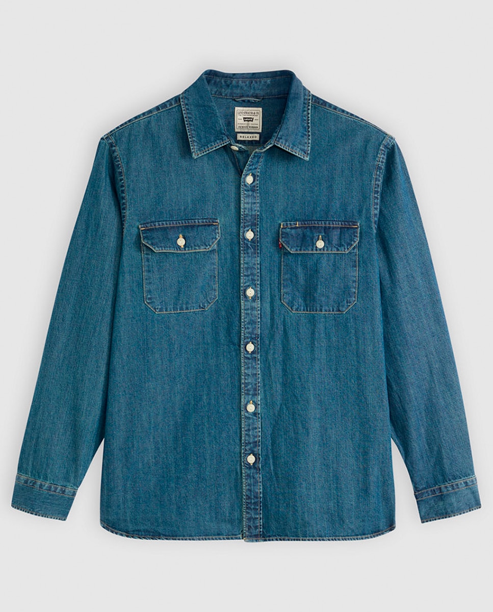 Camisa de Manga Comprida em Ganga Azul-índigo-3