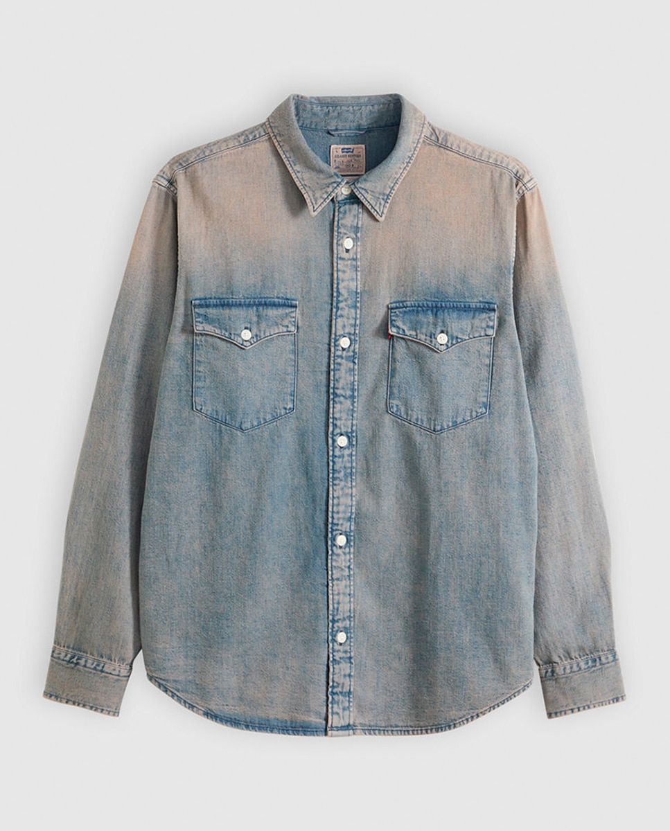 Camisa de Manga Comprida em Ganga Azul-claro-3