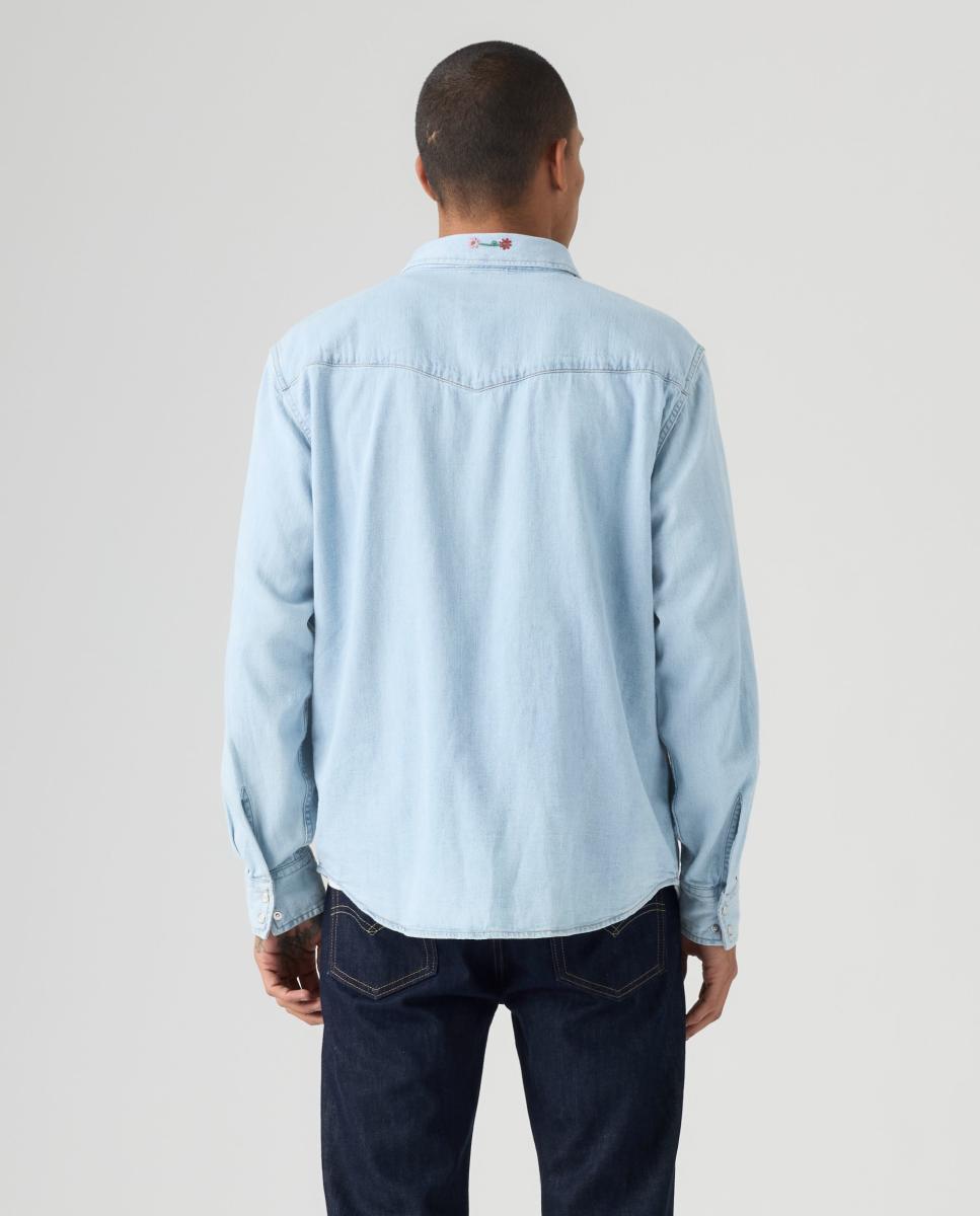 Camisa de Manga Comprida em Ganga Azul-claro-2