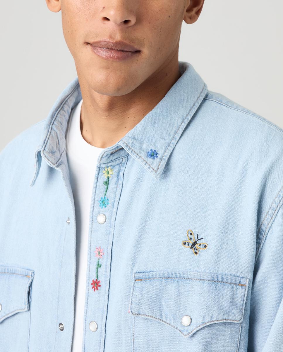 Camisa de Manga Comprida em Ganga Azul-claro-3