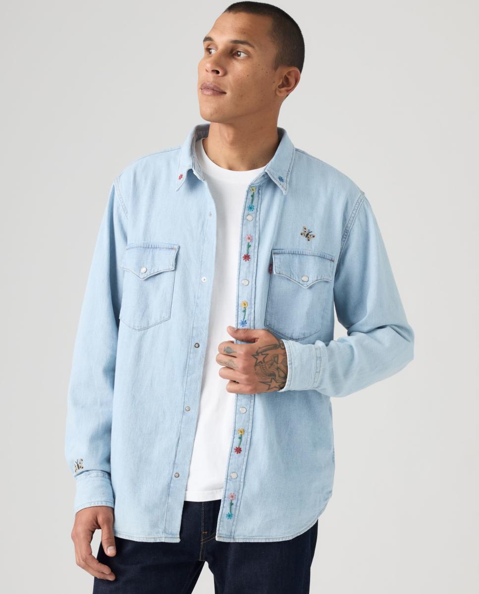 Camisa de Manga Comprida em Ganga Azul-claro-4