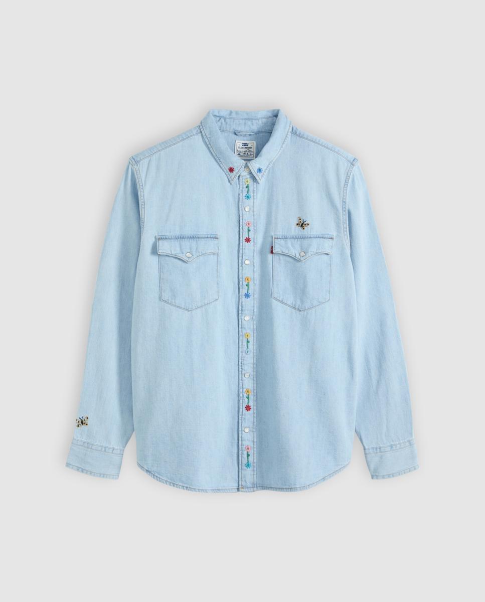 Camisa de Manga Comprida em Ganga Azul-claro-5